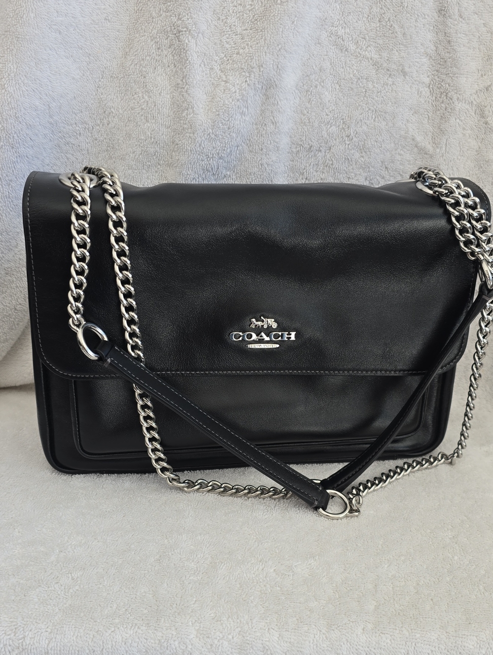 Coach Black Leather Elodie Shoulder Bag with Silver Chain. New With Tag